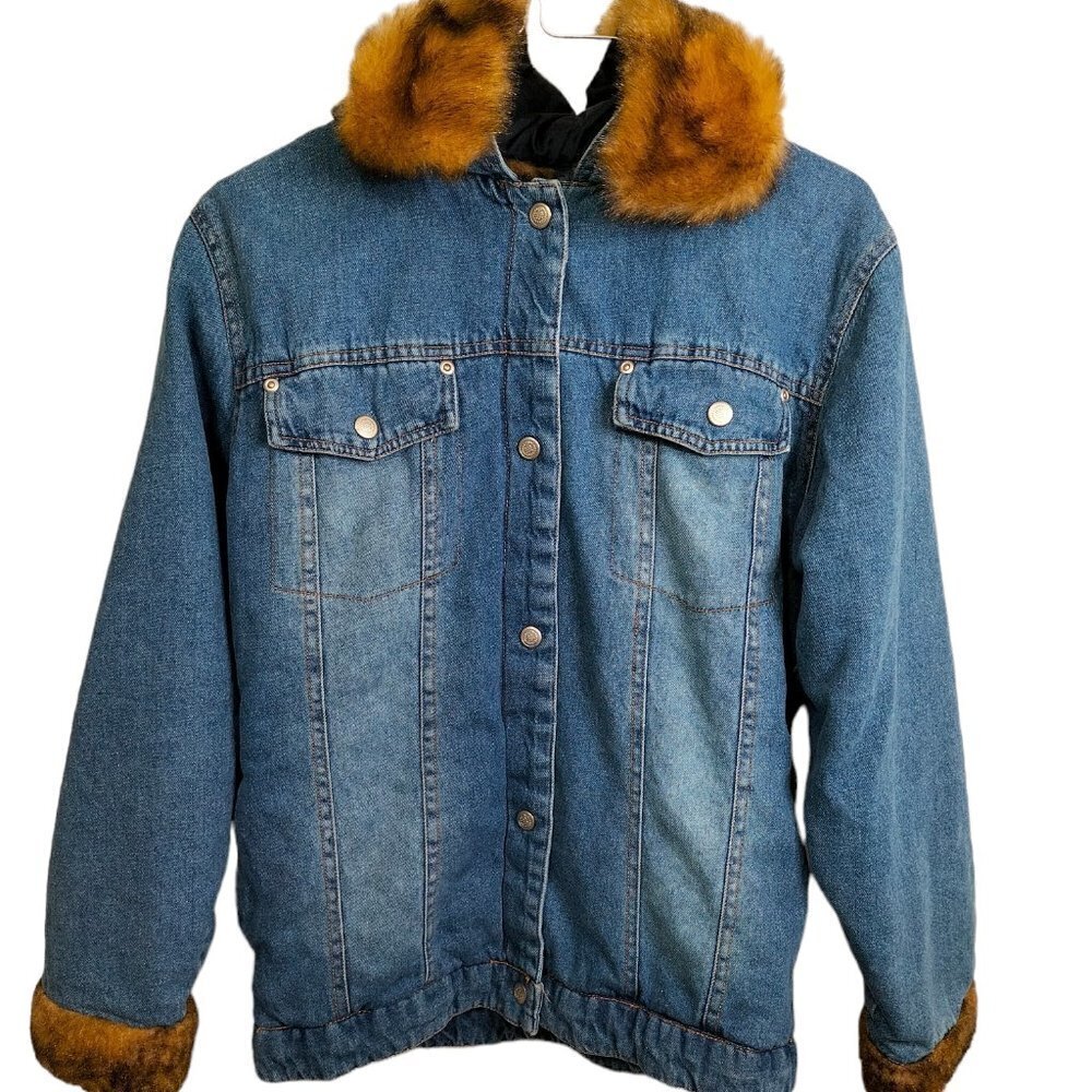 1027)Big Chill Girl Winter Jean Jacket Faux Fur Trim Size 14/16